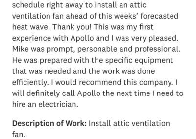 Review by Carolyn L. for an electrician. Rated 5.0, praising promptness, professionalism, and efficiency. Description of work: Install attic ventilation fan.