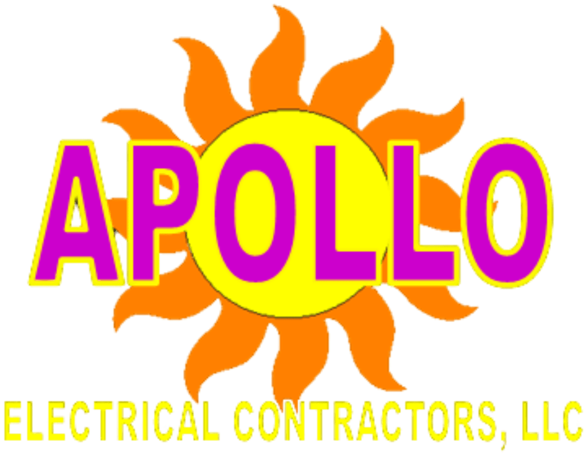 Logo featuring a bright yellow sun with orange rays and the word "APOLLO" in large pink letters. Below, it reads "Electrical Contractors, LLC" in smaller yellow letters.